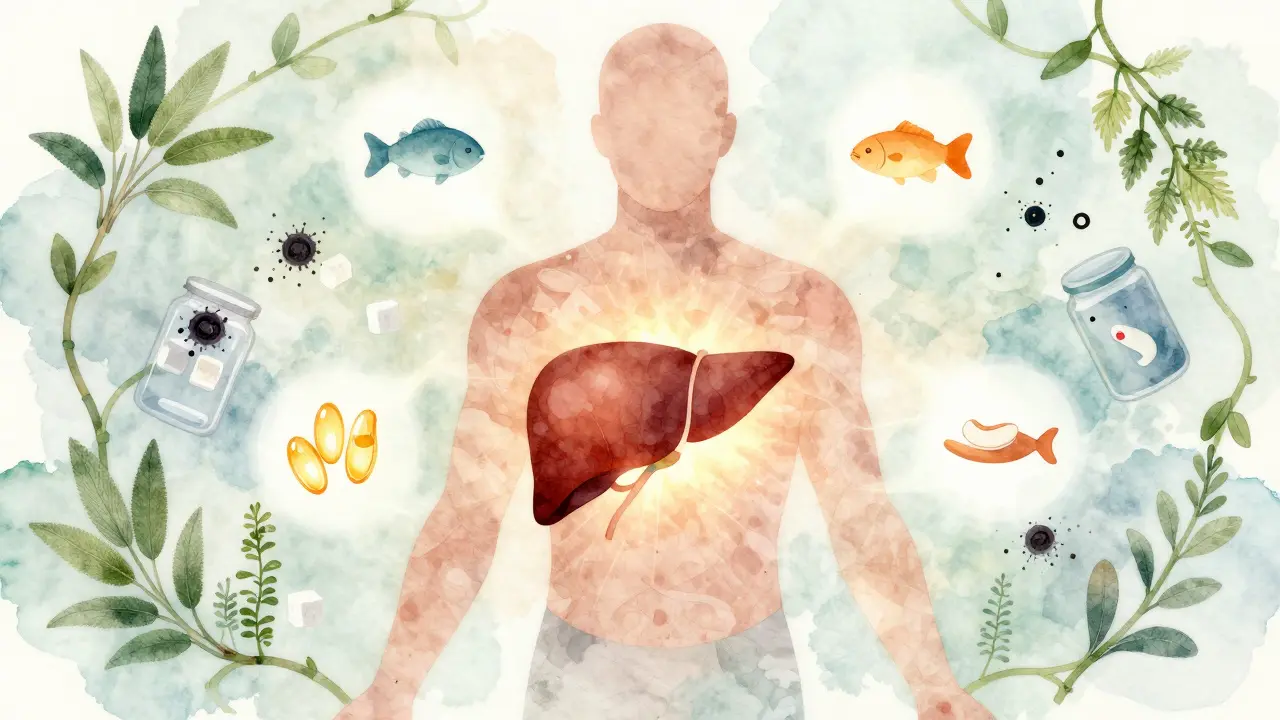 Symbolický obraz těla s jaterními podporujícími prvky a odstraňováním toxínů.