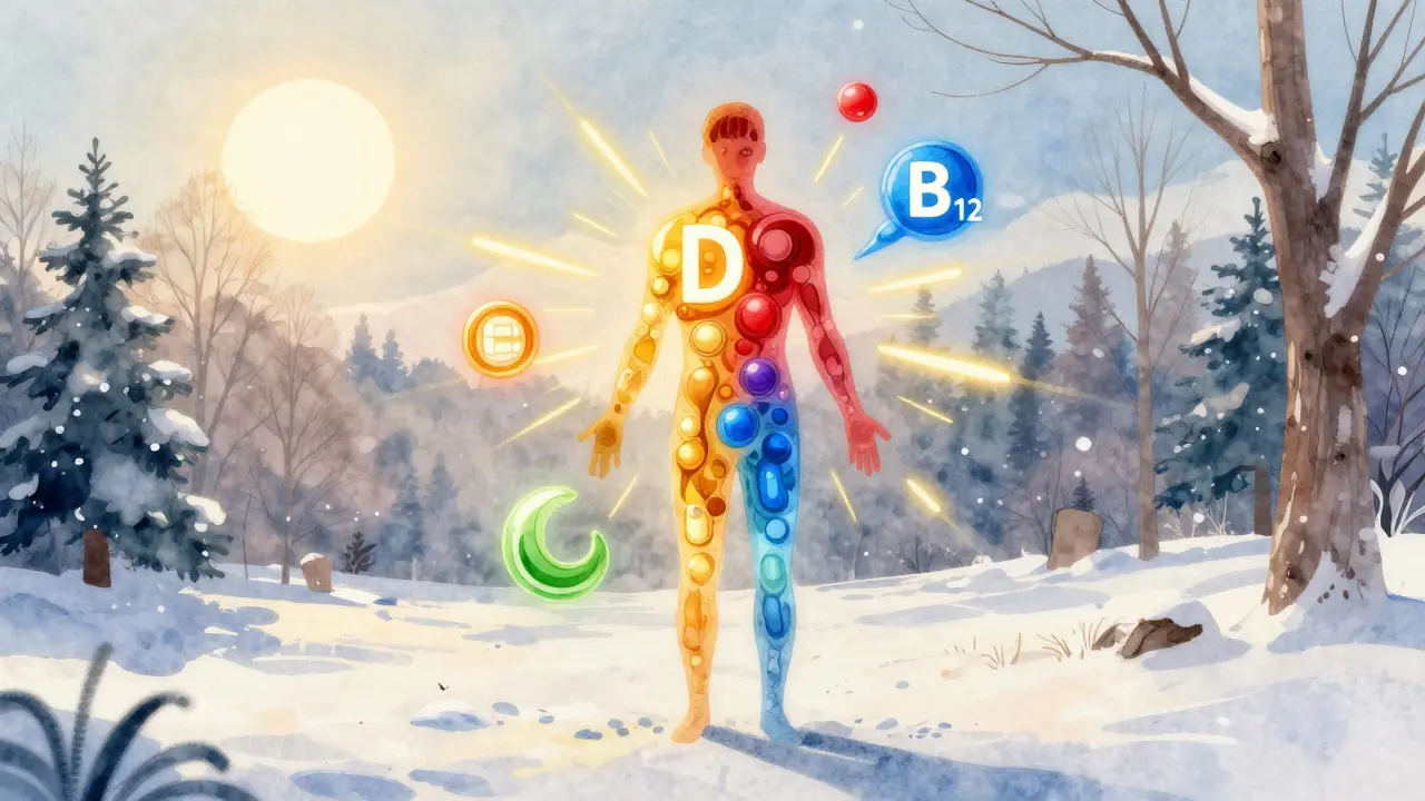 Tělo vyplněné světelnými prvky vitamínů a minerálů v zimním parku pod slabým sluncem.