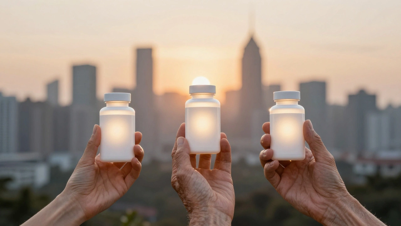 Tři ruce různých věkových skupin drží lahve kolagenu, každá s jiným zářením podle potřeb pleti.