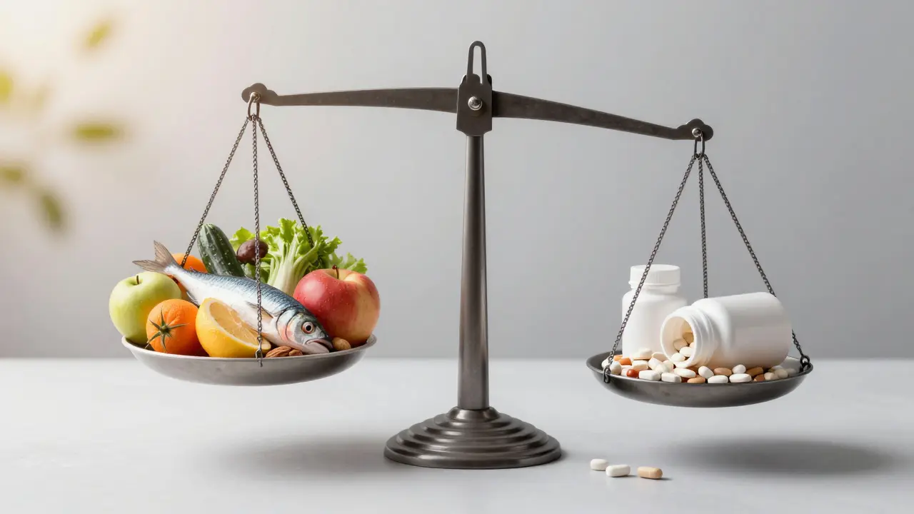 Váha s přirozenými potravinami na jedné straně a tabletkami na druhé, když se převrátí.