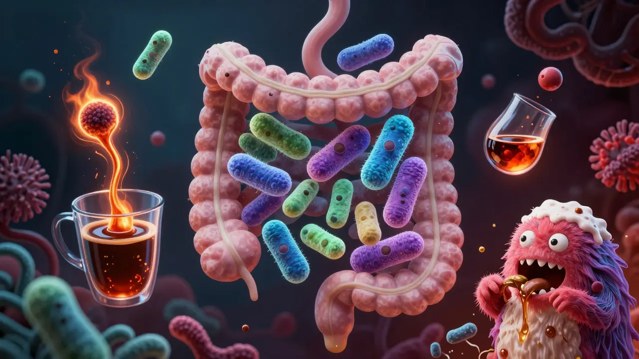 Vnitřní obraz trávicího traktu s užitečnými bakteriemi a škodlivými látkami.