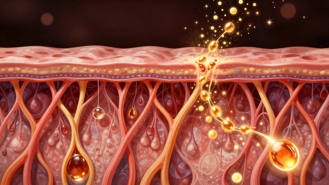 Vnitřní řez pokožky s viditelnými kolagenovými vlákny a vitamínem C jako zářícími částicemi.