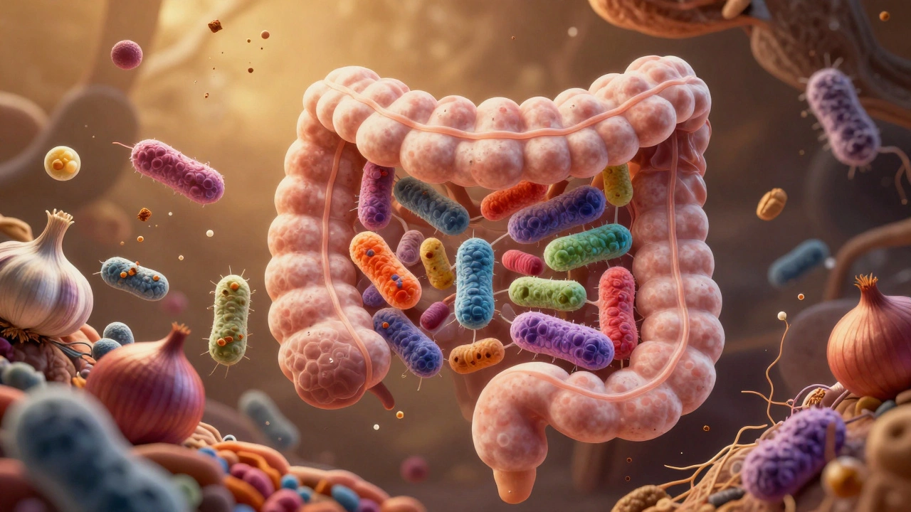 Vnitřní zobrazení střev s živými bakteriemi a prebiotickými vlákninami jako živoucím ekosystémem ve zlatavém světle.