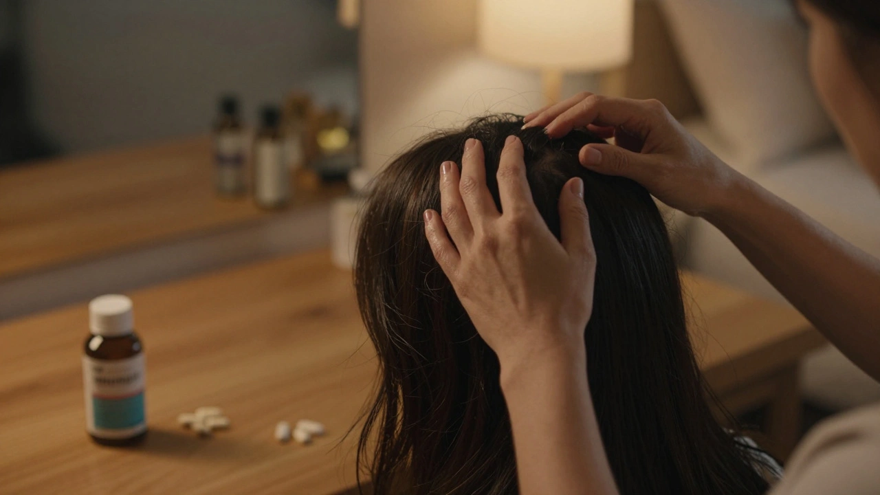 Žena massíruje hlavu večer při měkkém světle, poblíž léků a doplňků stravy.