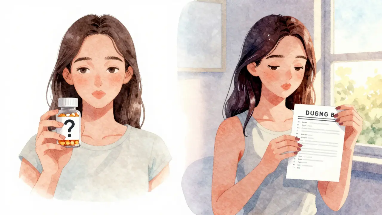 Žena před a po doplňování vitamínů: zanedbaný vzhled vs. zdravý vzhled s jasnější kůží a vlasy.