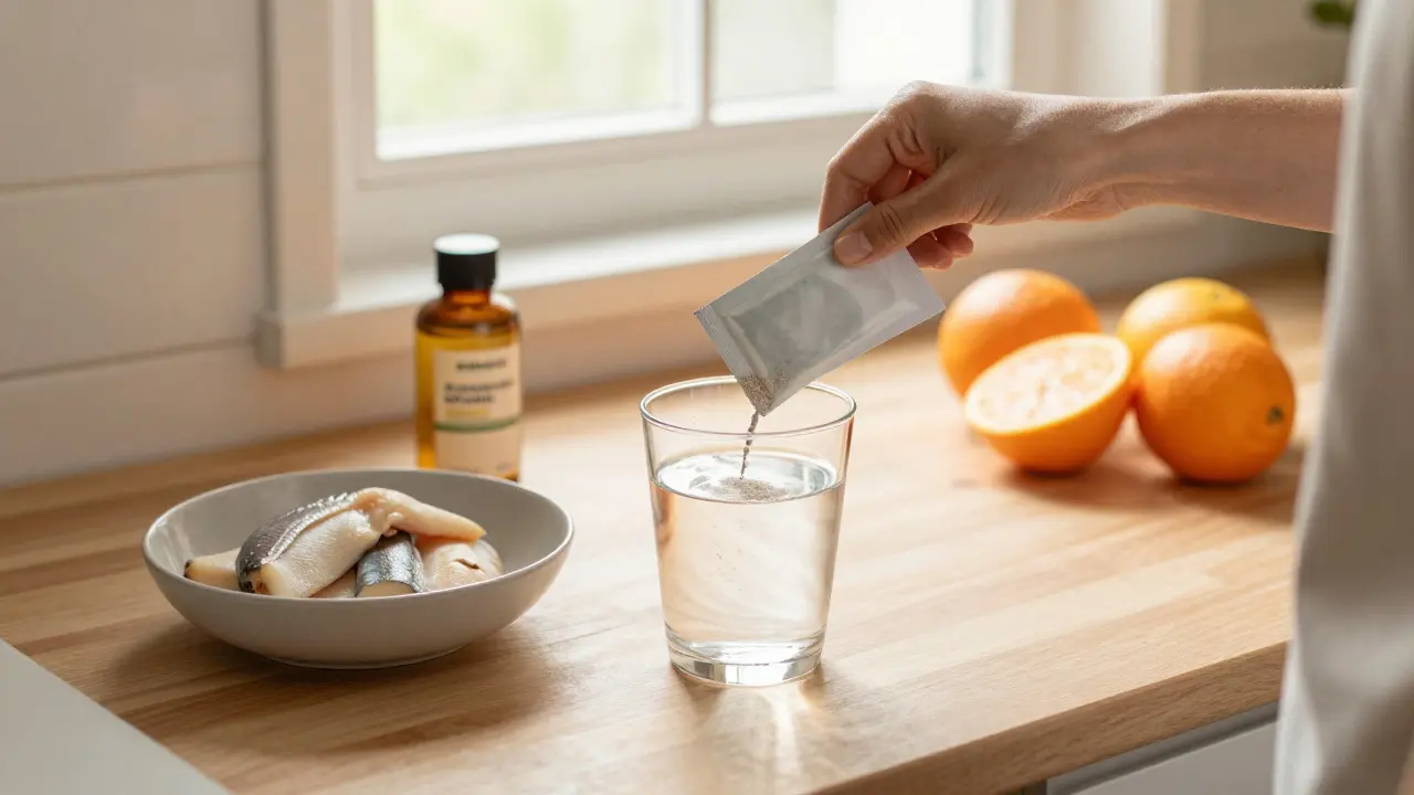 Člověk připravuje kolagenový nápoj s rybami a citrusy na kuchyňském stole.
