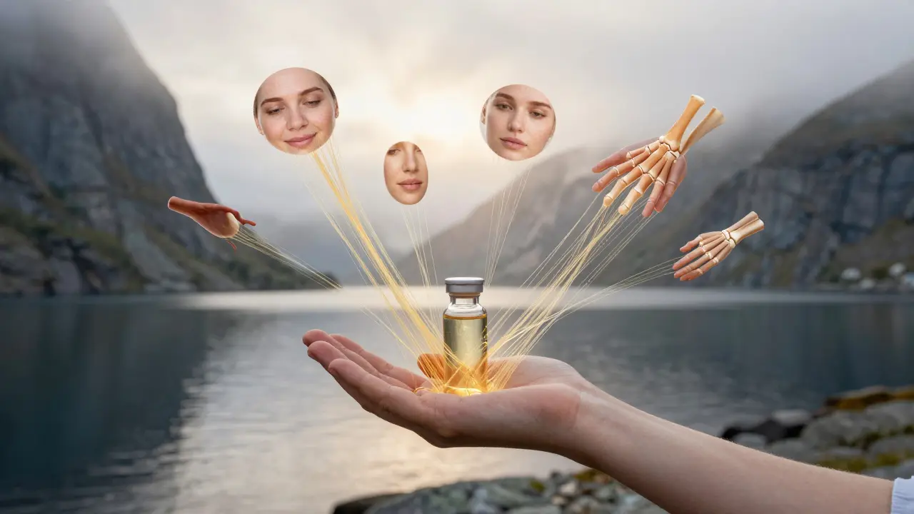 Člověk stojí u fjordu, z jeho rukou se rozprostírají zlaté vlákna kolagenu spojující zdraví pleti a kloubů.