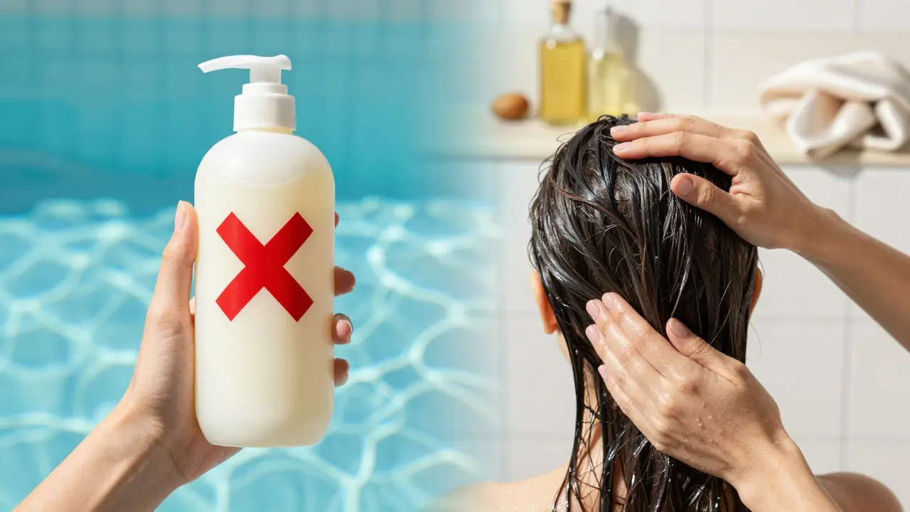 Dvě ruce: jedna drží šampon se sulfáty, druhá aplikuje keratinovou masku, za nimi kontrastní scény.