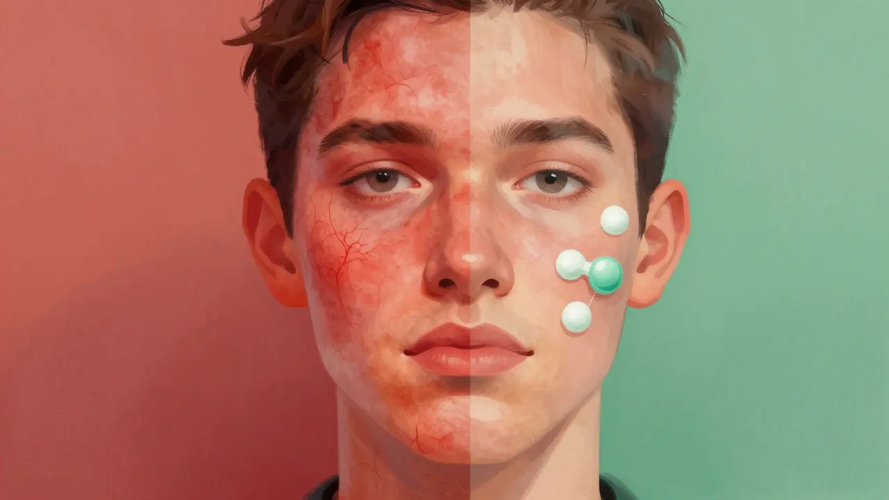 Dvoustranný portrét: jedna strana s červenou, podrážděnou pokožkou, druhá s klidnou, zdravou pokožkou.