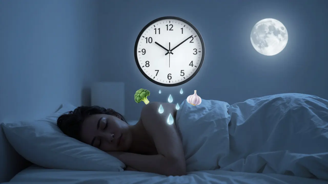 Hodiny ukazují noční hodiny detoxikace nad klidnou ložnicí se spící osobou.