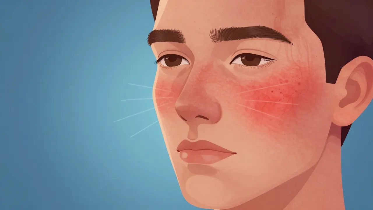 Ilustrace obličeje s porovnáním zdravé kůže a kůže s rozšířenými cévami.