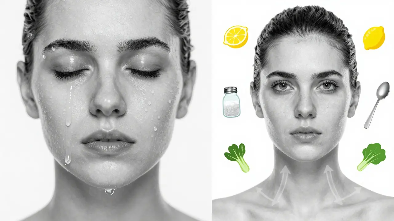 Kombinovaný obraz: otoky na jedné straně, odvodnění a zdravé složky na druhé.