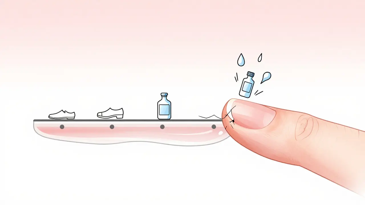 Konce nehtů rostou pod lakem, zatímco voda, boty a aceton je poškozují.