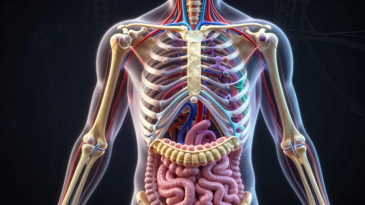 Koncepční obrázek těla s kolagenovými cestami spojujícími kůži, klouby, kosti a cévy.