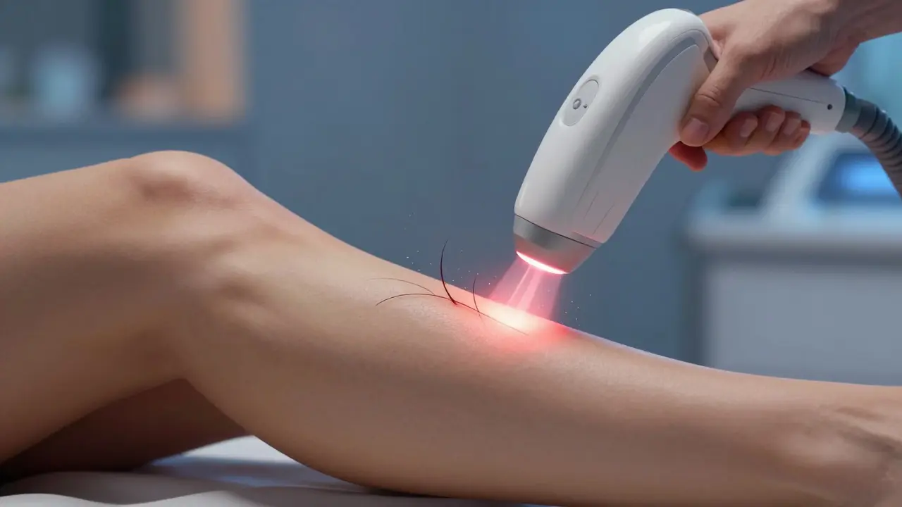 Laserová depilace na nohou, paprsek ničí chloupky u kořínku.