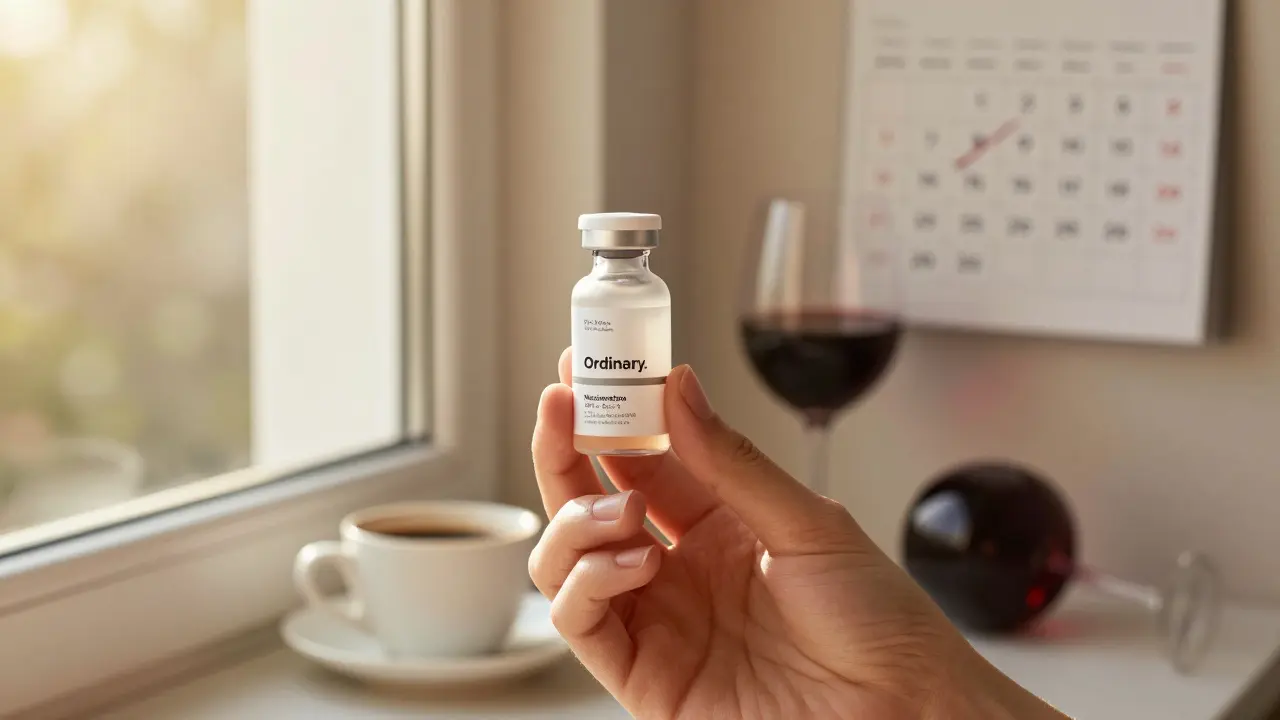 Léčivá sérum vedle vyřazené kávy a vína, sluneční ochrana na pozadí.