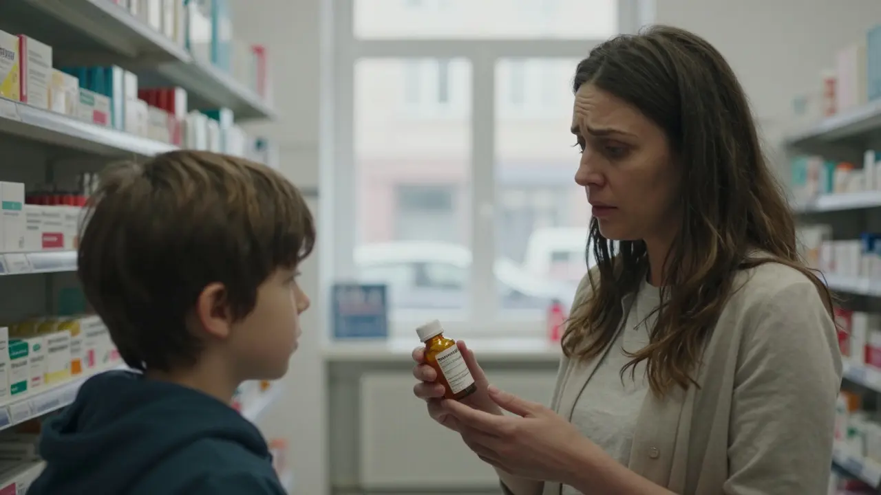 Matka konzultuje s lékárníkem bezpečné užívání paracetamolu pro dítě.
