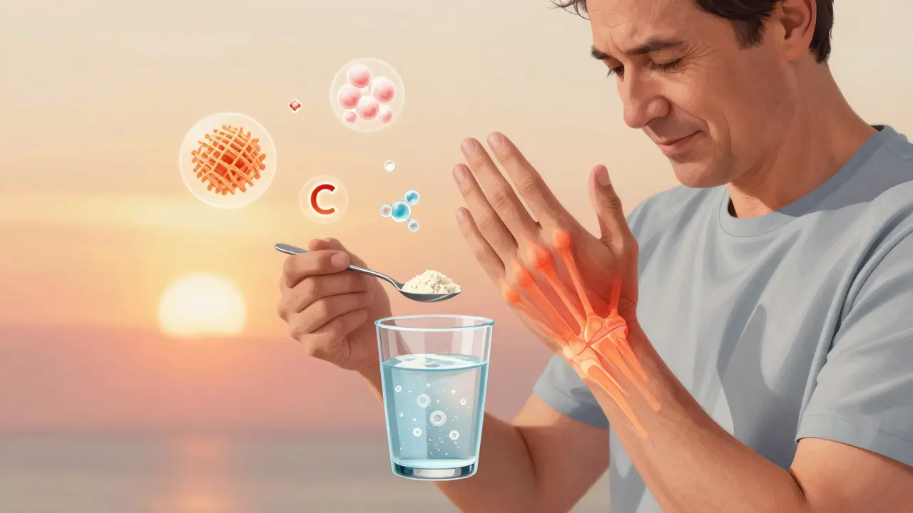 Muž užívá rybí kolagen při lehkém roztahování kloubů.