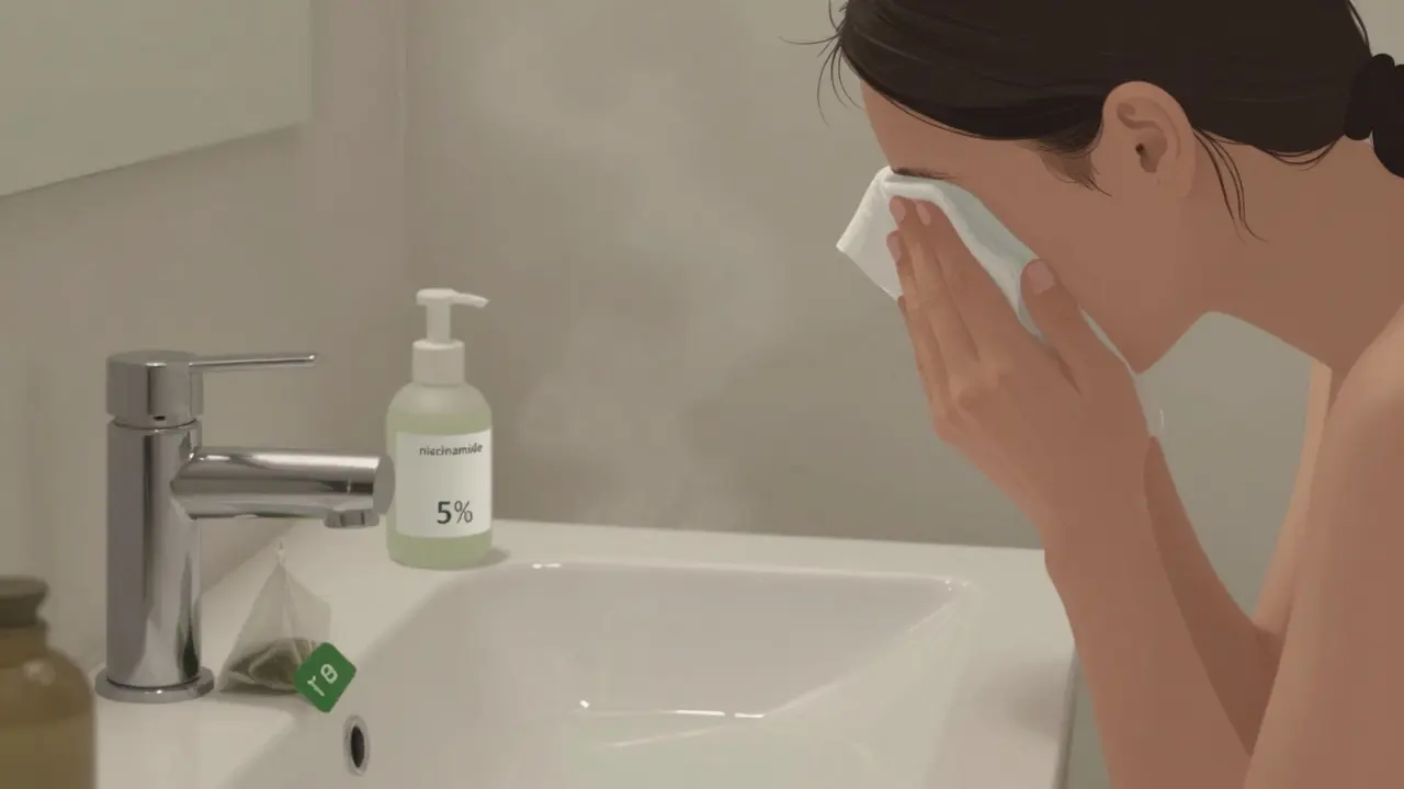 Osoba aplikuje chladný obklad na obličej, vedle ní zelený čaj a krém s niacinamidem.