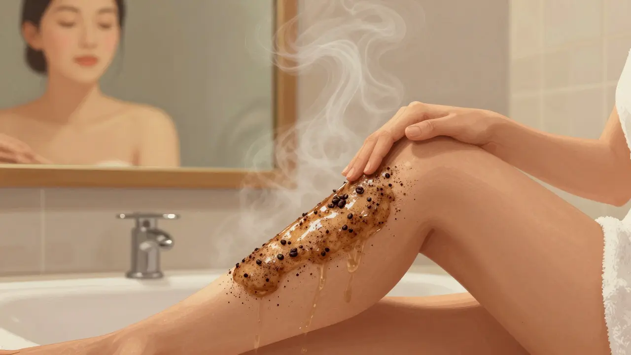 Osoba masíruje kávový peeling na lýtkách ve vaně s párou a teplým světlem.