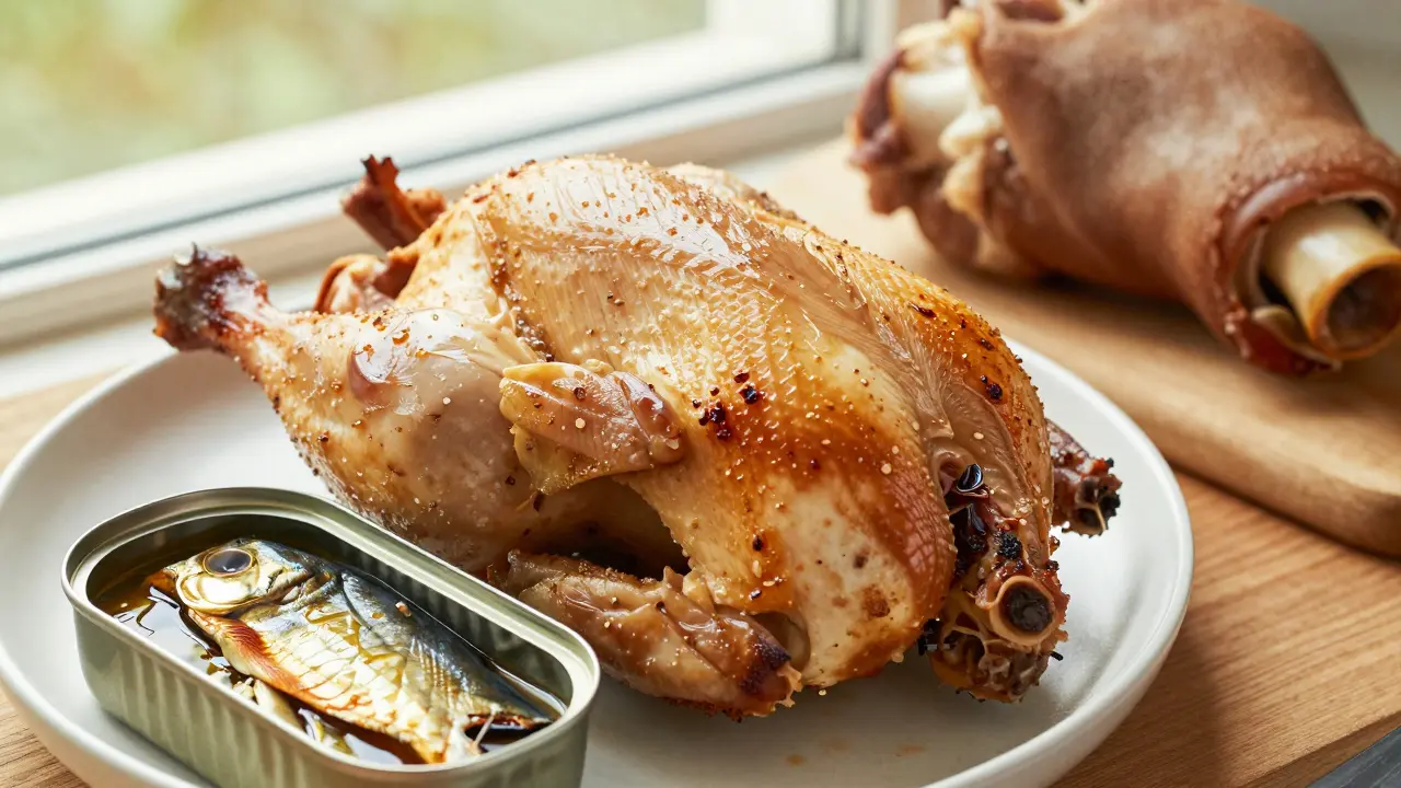 Péčené kuře s kůží, sardinky s kostmi a vepřová nožička na dřevěné desce.