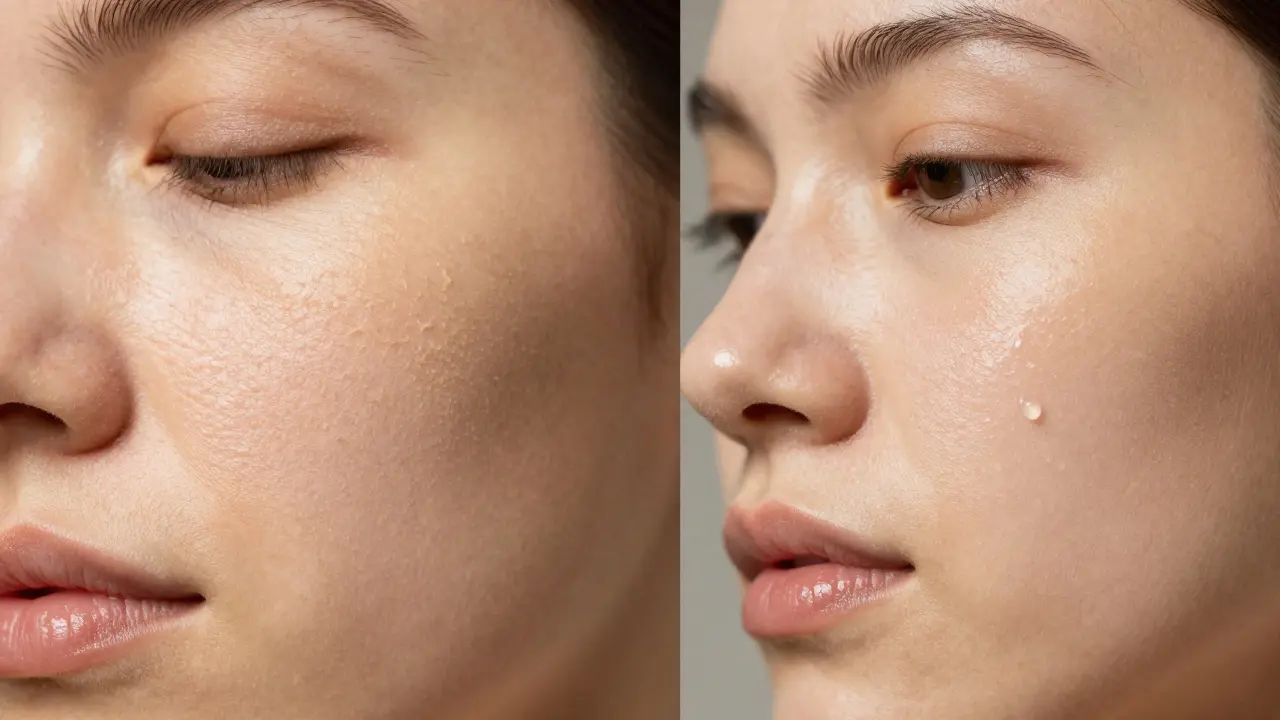 Porovnání suché a hydratované pleti po aplikaci rostlinného oleje.