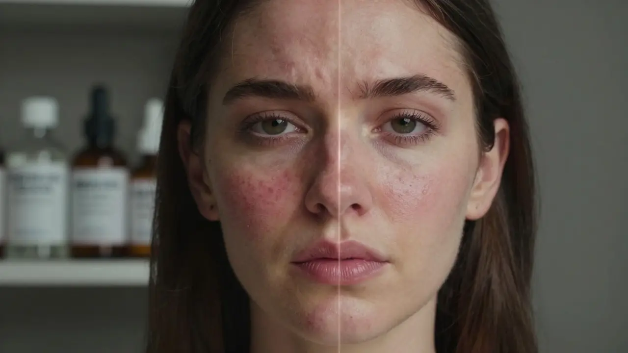 Přechod tváře od akné k čisté pleťi, levá strana s červenými pupínky, pravá se zdravým zářením.