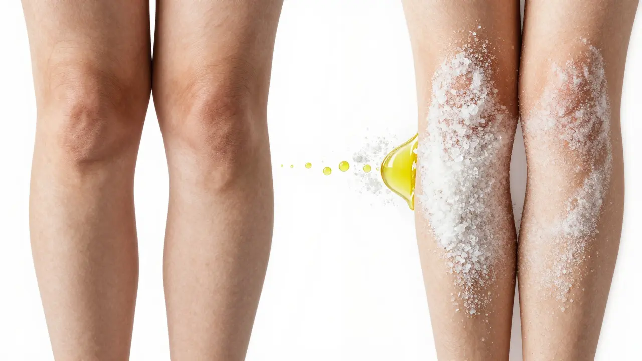 Před a po transformaci kůže po použití domácího peelingu – hrubá vs. hladká pokožka.