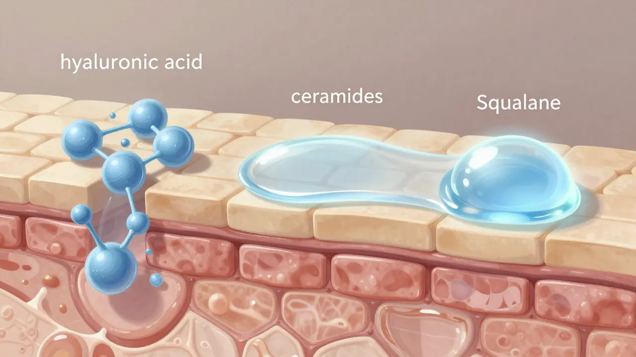 Přehled struktury pleti s kyselinou hyaluronovou, ceramidy a squalanem jako ochranné vrstvy.