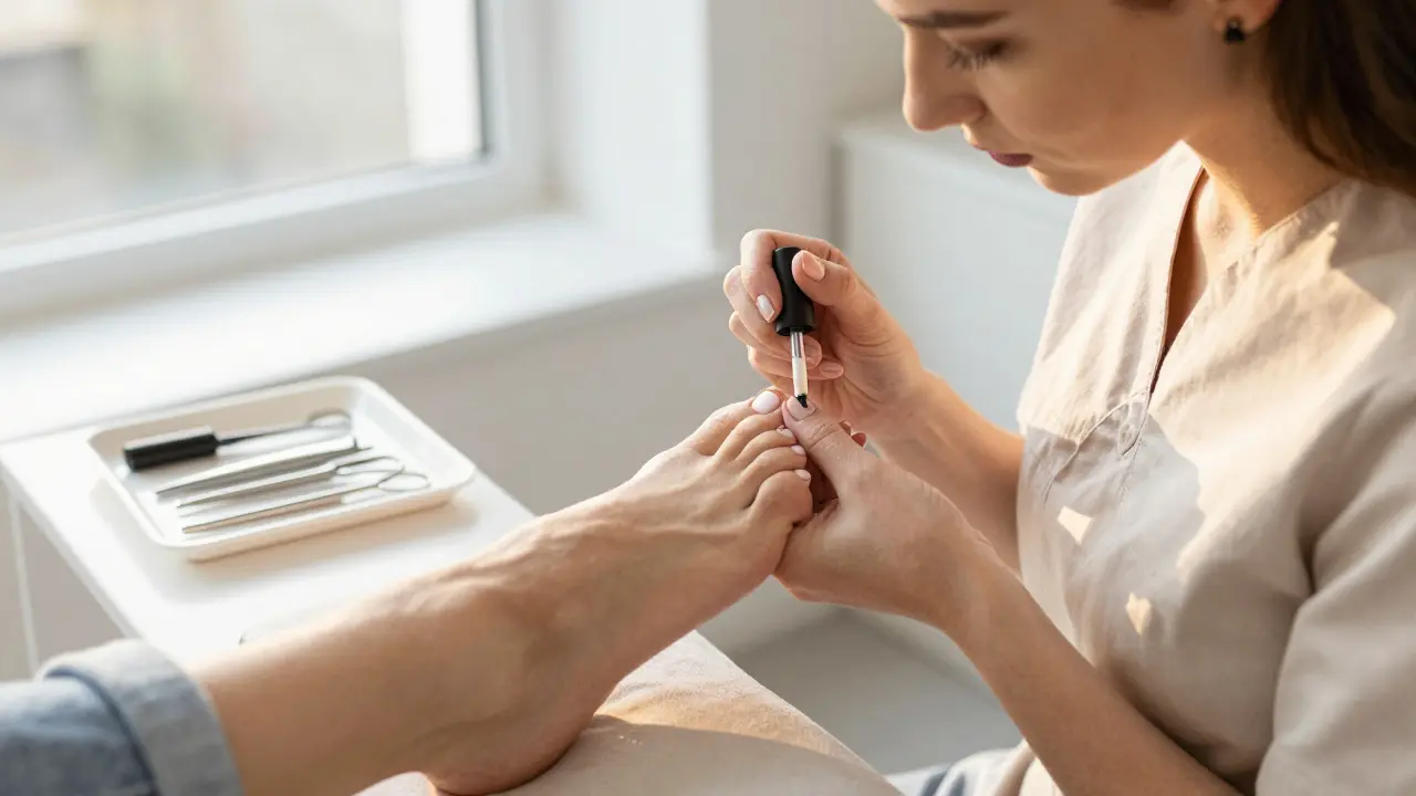 Profesionálka aplikuje vrchní vrstvu na nehty klientky v krásně osvětlené salóně.