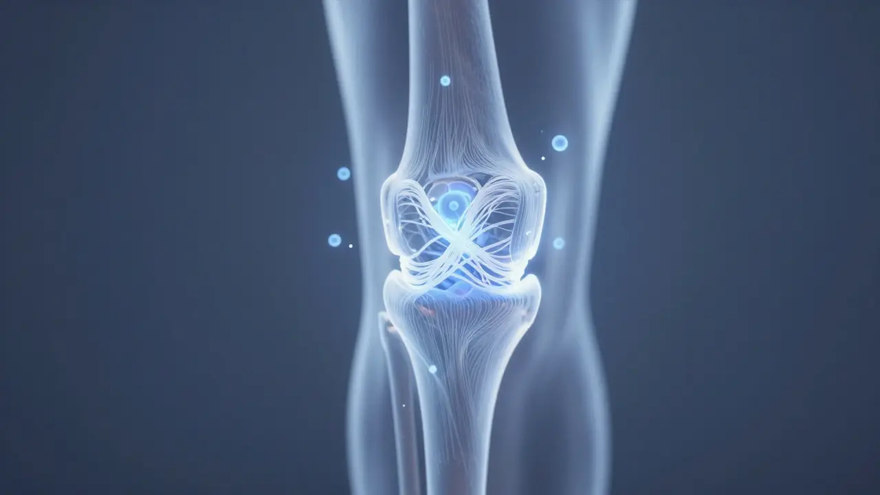 Průhledný kloub s kolagenovou mřížkou, která podporuje chrupavku a přijímá mořský kolagen.