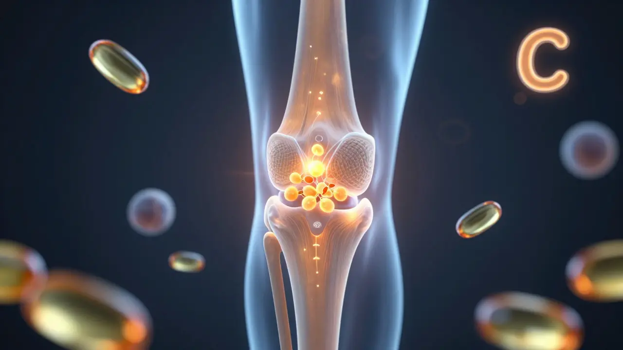 Průhledný kloub s nanoskopickými částicemi kolagenu a živinami, které ho obnovují.