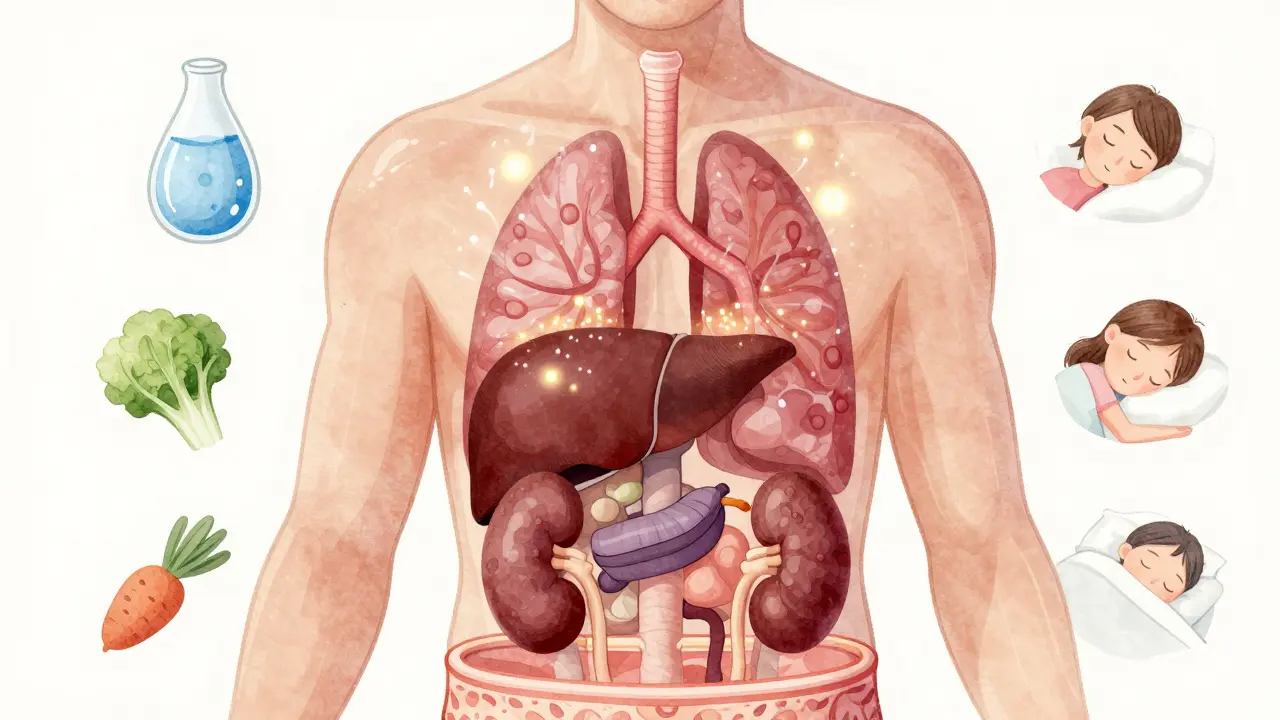 Průhledný náčrt lidského těla s orgány, které odstraňují toxiny přes pot, moč a dech.