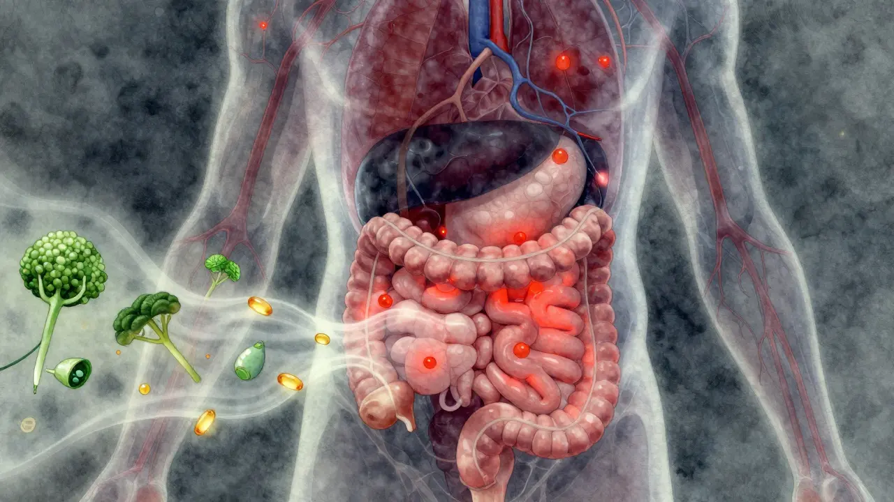 Průřez tělem s viditelnými záněty v trávicím ústrojí a krevních cévách, uklidňovanými rostlinnými látkami.