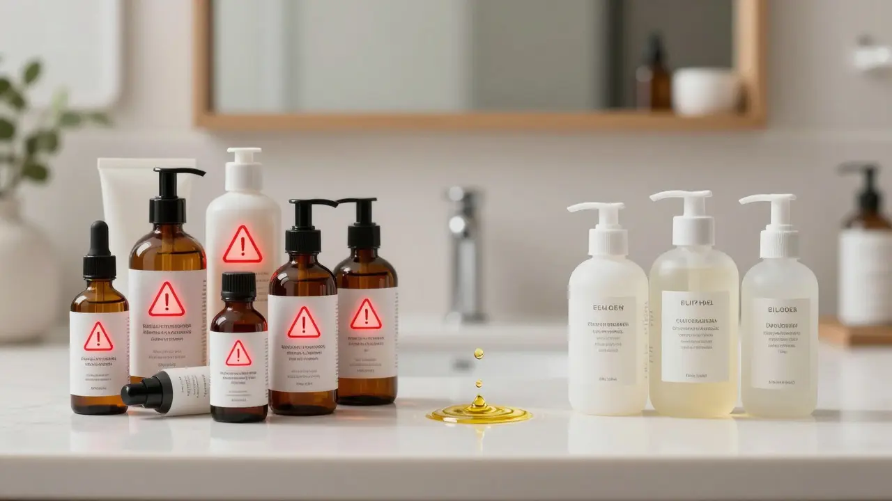 Rozdělená plocha: chaos chemických produktů vs. tři přírodní, s kapek oleje mezi nimi.