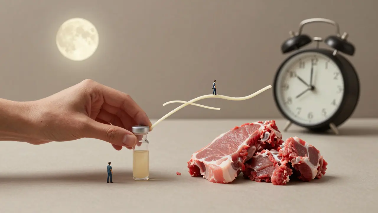 Ruka drží mořský kolagen vedle masa, s hodinami a kolagenovými vlákny, která se vytvářejí v noci.