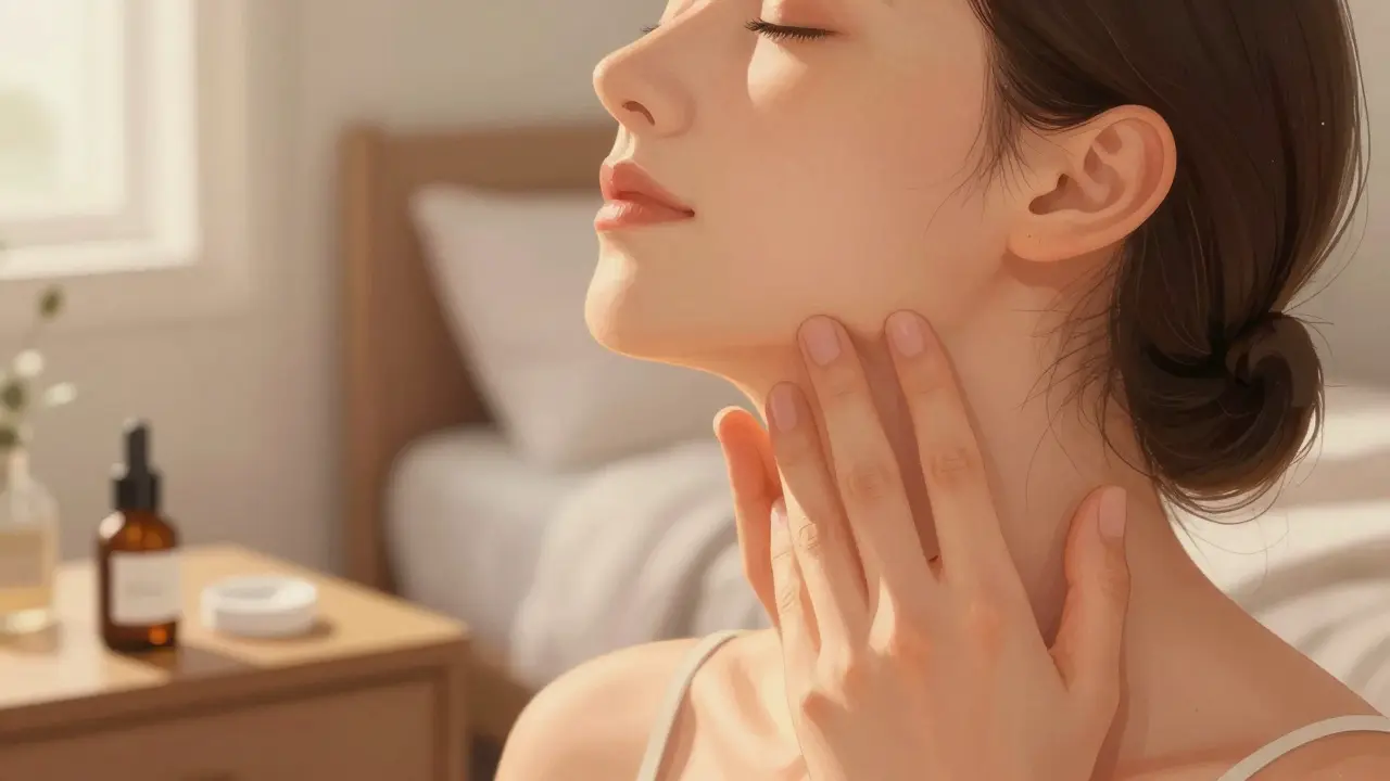 Ruka provádí jemnou masáž tváře a krku směrem k uším pro odvodnění tekutin.