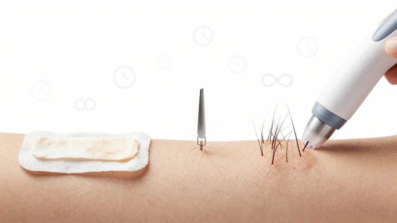 Srovnání metod odstraňování chloupků: vosk, elektrodepilace a laser.