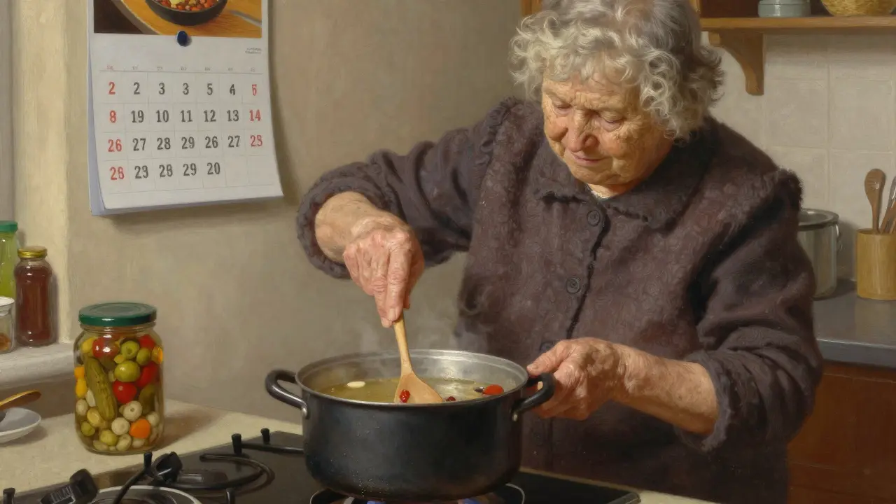 Starší žena vaří vývar v kuchyni, tepelné osvětlení, tradiční prostředí bez textu.