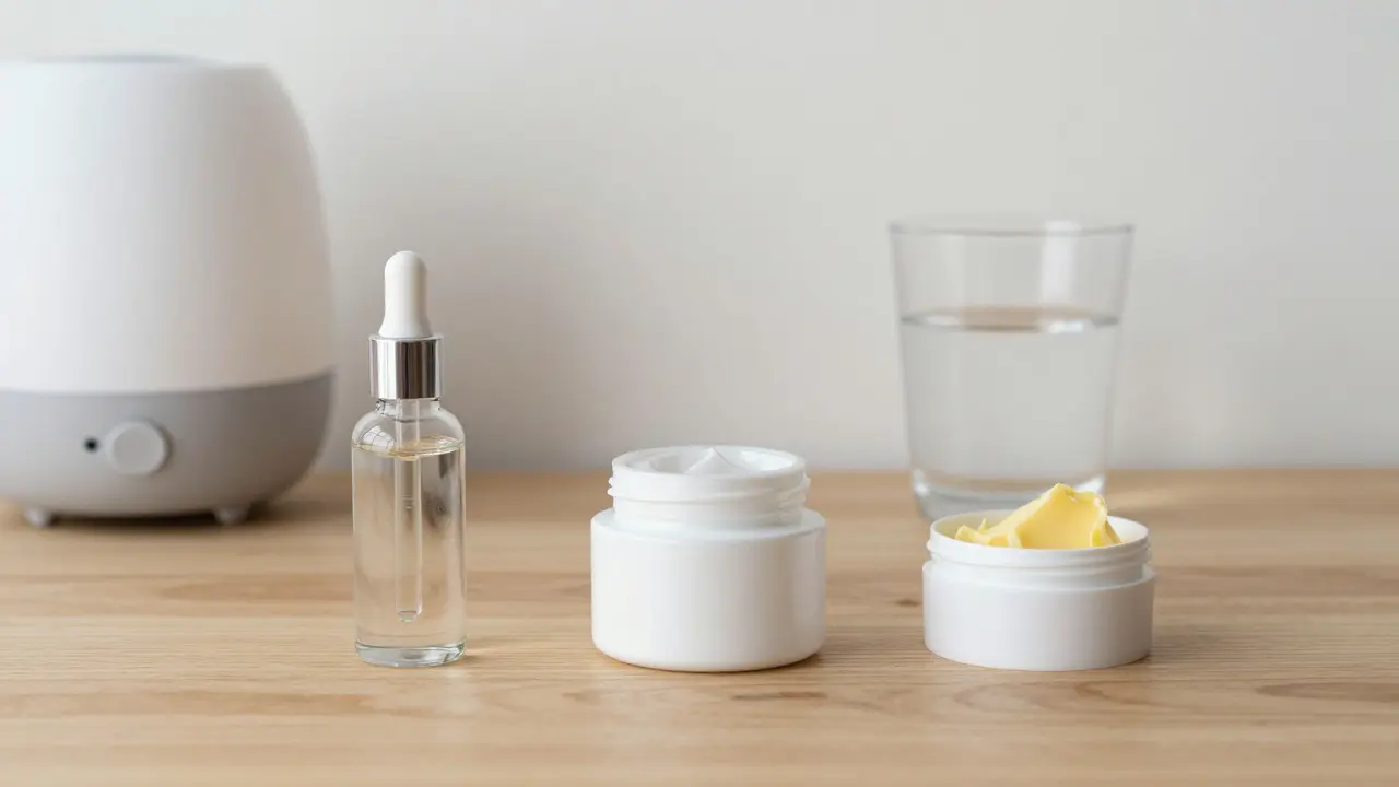 Tři kroky hydratace: sérum, krém a shea máslo na dřevěném povrchu s vlhčičem.