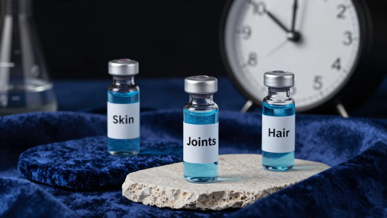 Tři průhledné lahvičky s rybím kolagenem pro pokožku, klouby a vlasy.