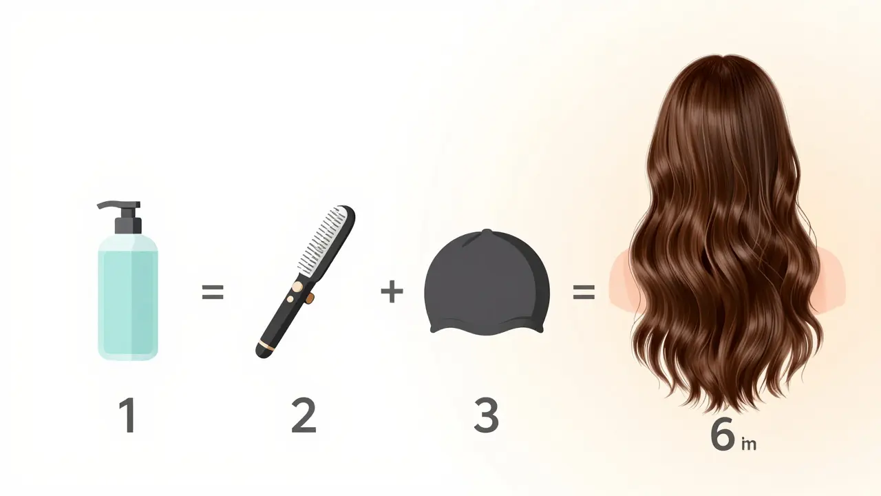 Vizuální časová osa trvanlivosti keratinového zpracování od dne 0 do 6 měsíců.