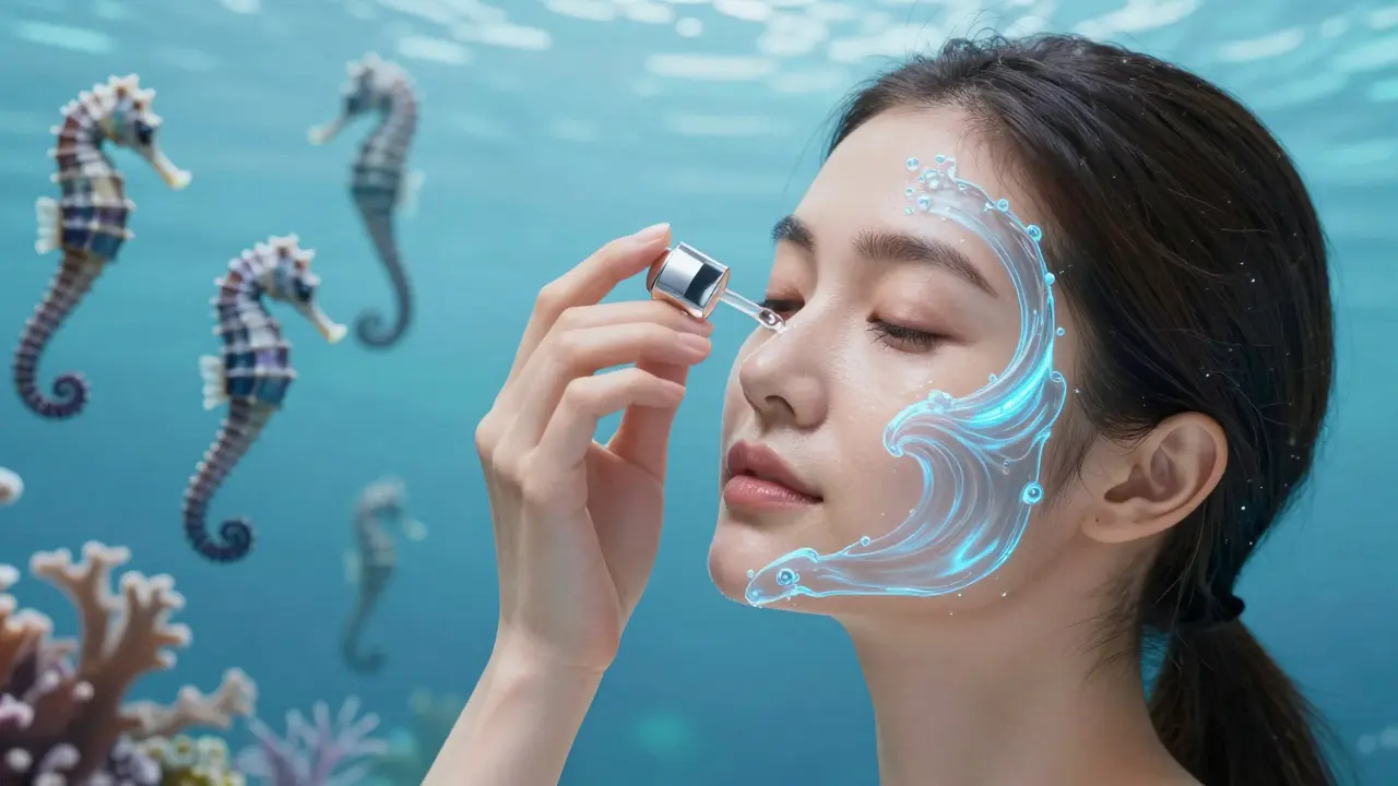 Žena aplikující mořský kolagen na obličej s modrými vlnami energie.