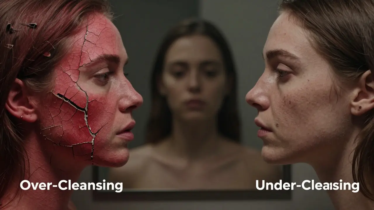 Žena před volbou mezi příliš častým a příliš řídkým čištěním obličeje.