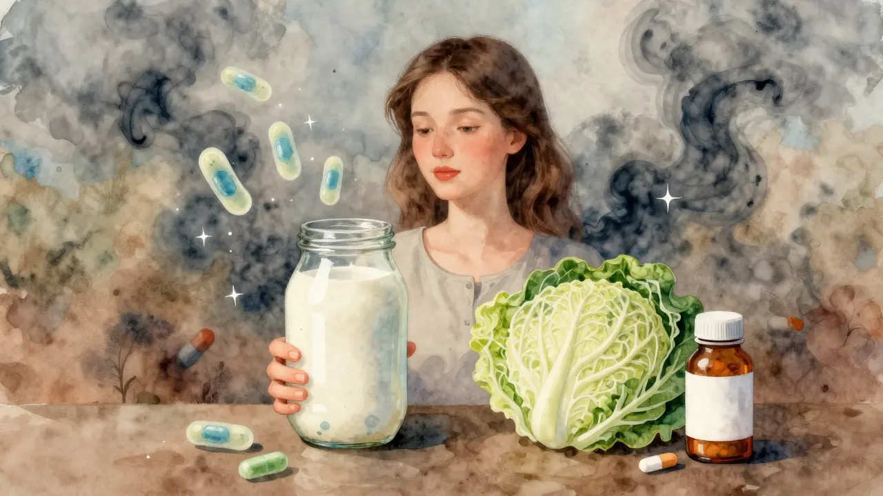 Žena s kvasenými potravinami a antibiotiky, laktobacily jako zářící hvězdy kolem ní.