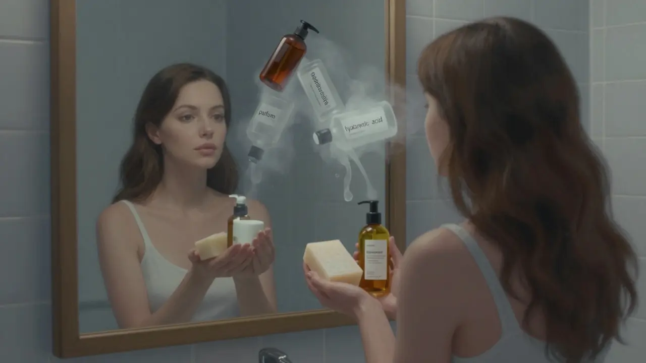 Žena v zrcadle drží tři jednoduché produkty, zatímco zbývající se rozpouštějí v mlze.