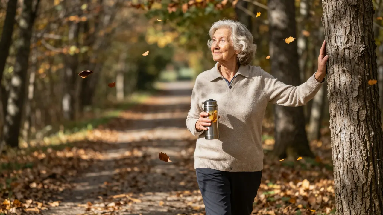 Žena ve věku kráčí po lesní cestě s termoskou vývaru, klidně a bez bolesti.