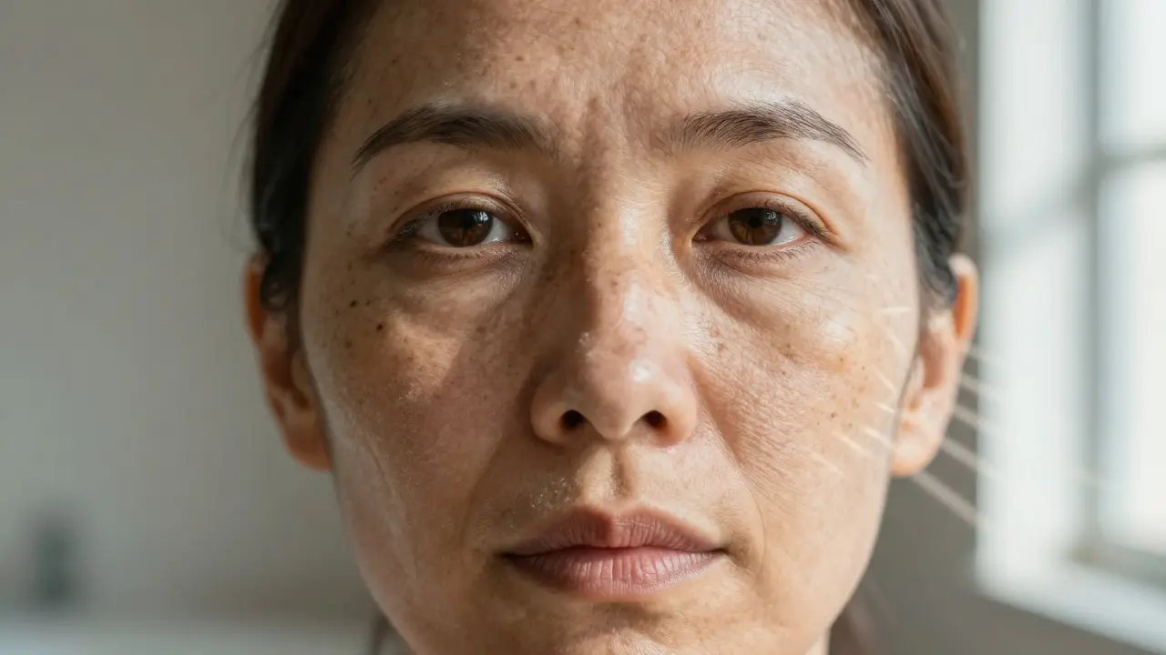 Dělený obličej: zdravá pleť vs. předčasné stárnutí způsobené UV paprsky.