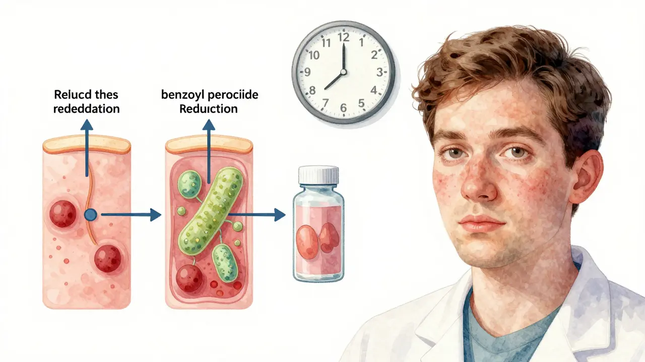 Dermatolog konzultuje pacienta s transparentními vnitřními procesy léčby akné a časovým rámce 8–12 týdnů.