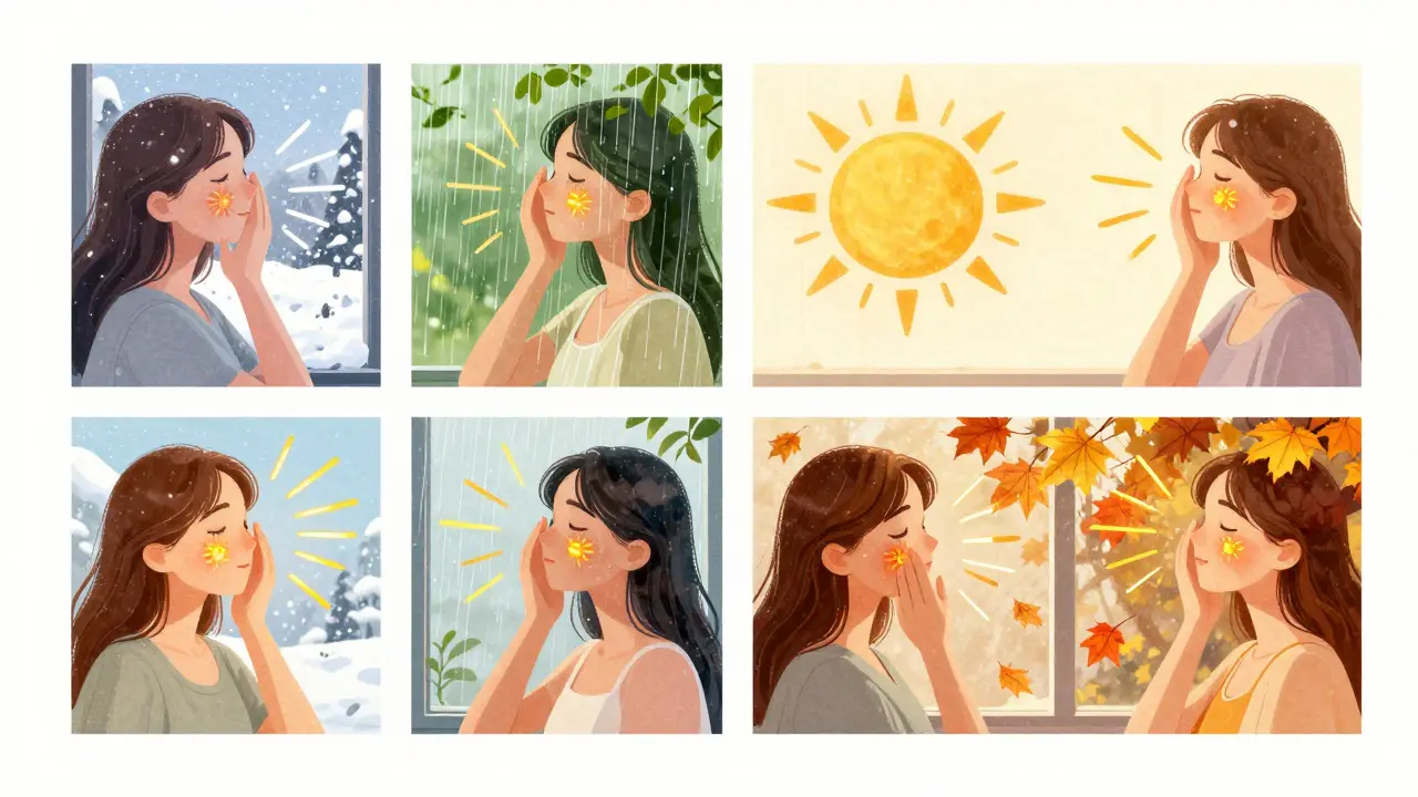 Kalendář s čtyřmi ročními obdobími, všechny ukazují ženu nanášející SPF u okna.
